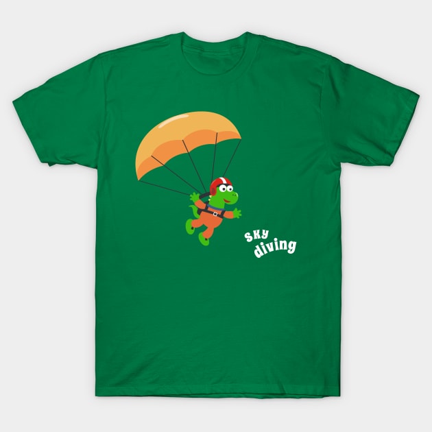 cartoon illustration of skydiving with litlle dinosaur T-Shirt by KIDS APPAREL